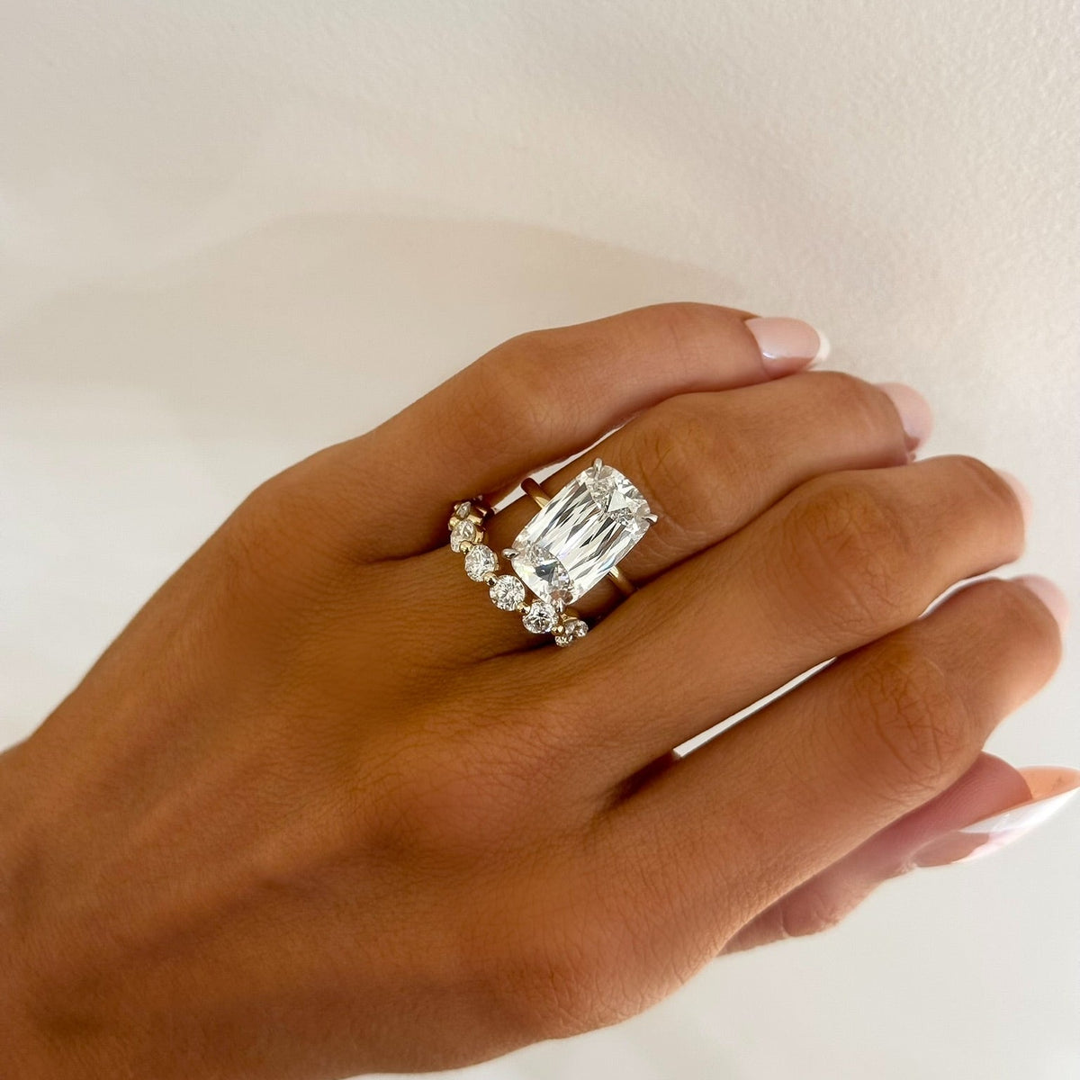 8.09ct Lab Grown Mixed Elongated Cushion Cut Diamond in a Solitaire Setting with Diamond Wrap