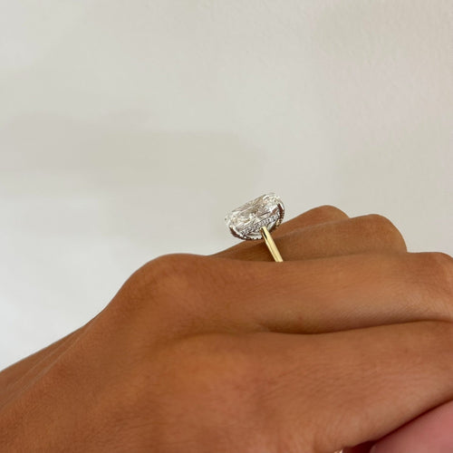 5.13ct Lab Grown Elongated Cushion Diamond in a Cathedral Setting with Hidden Halo and Diamonds on the Prongs