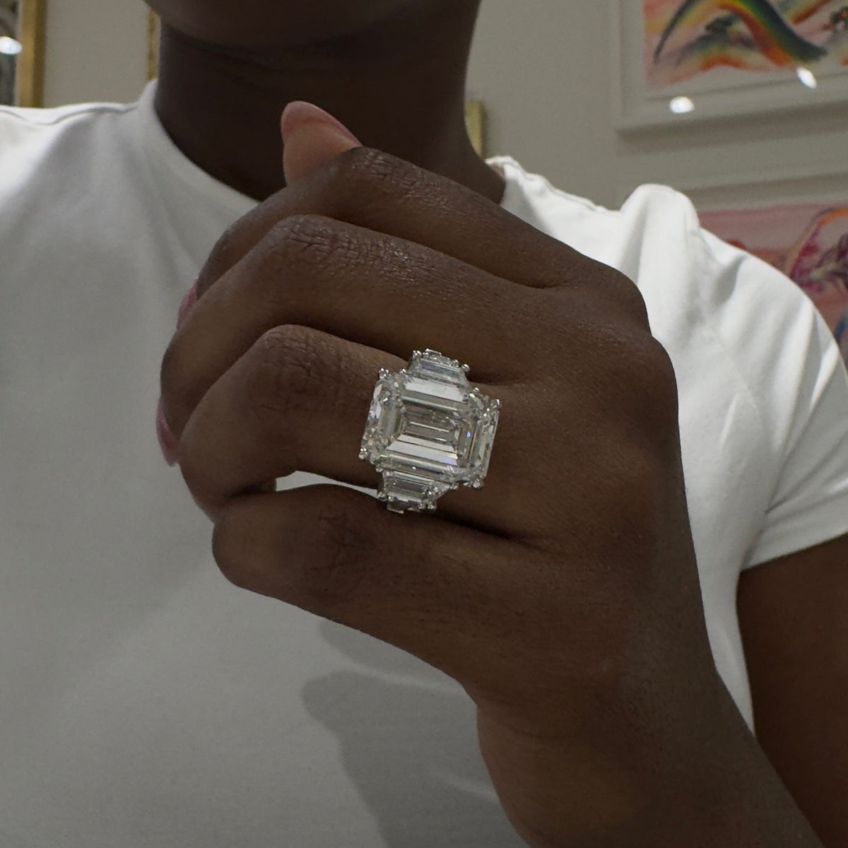 12.26ct Lab Grown Emerald Cut Diamond in a Five-Stone Setting with Step-cut Trapezoids and Tapered Baguettes