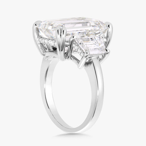 10.28ct Lab Grown Emerald Cut Diamond in a Three-Stone Setting with Step-cut Trapezoids