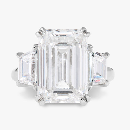10.28ct Lab Grown Emerald Cut Diamond in a Three-Stone Setting with Step-cut Trapezoids