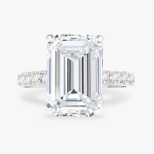7.09ct Lab Grown Emerald Cut Diamond in a Solitaire Setting with a Pavé band