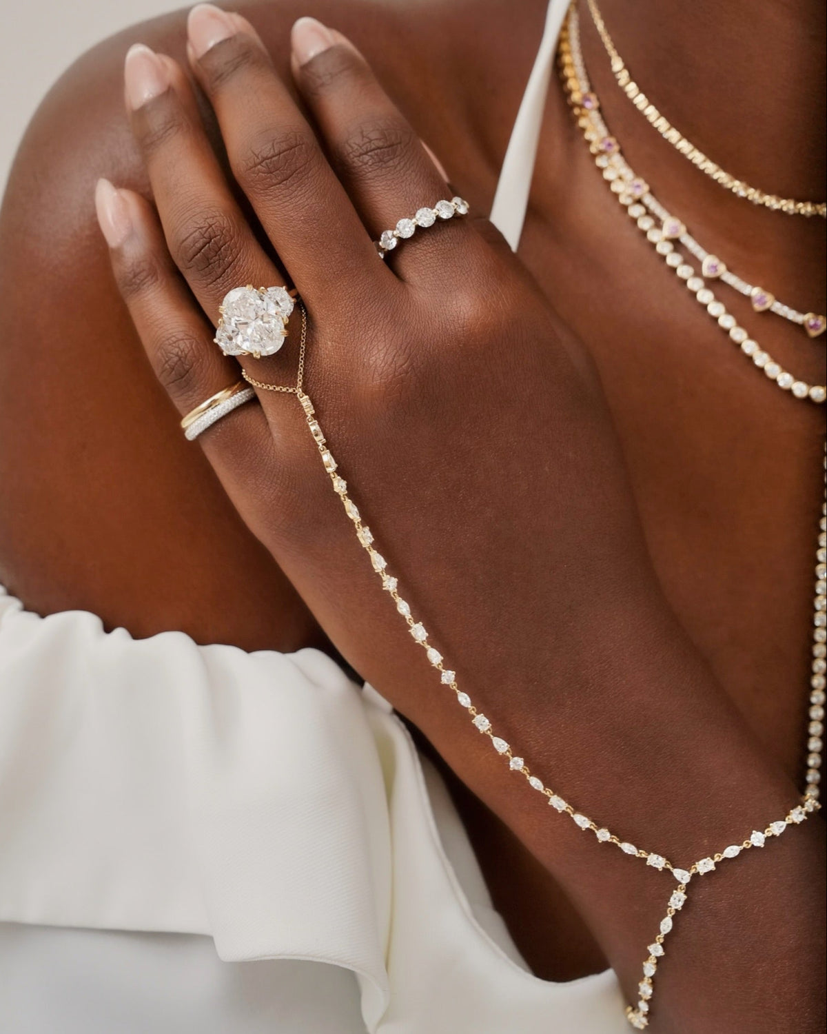 "It girl" Multi Mixed Shape Diamond Hand Chain 2.65 ctw, Two-Tone Gold & Pave Diamond Illusion Stacking Band
