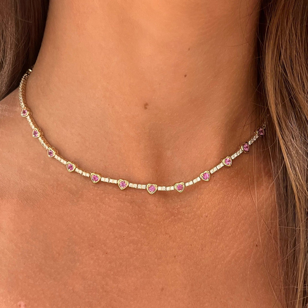 Kam Lee Pink Sapphire & Diamond Illusion Heart Tennis Necklace 3 ctw