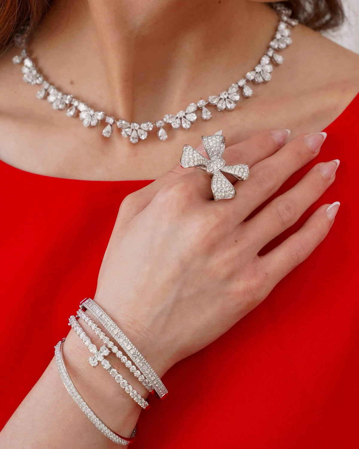 Kirk Oval & Round Diamond Cross Bangle, Martha May Pave Diamond Bow Cocktail Ring 5 ctw