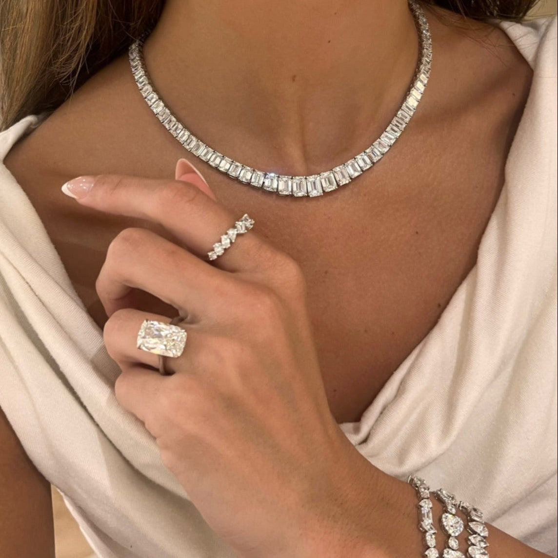 Kyle Graduated Emerald Cut Diamond Tennis Necklace 56.65 ctw