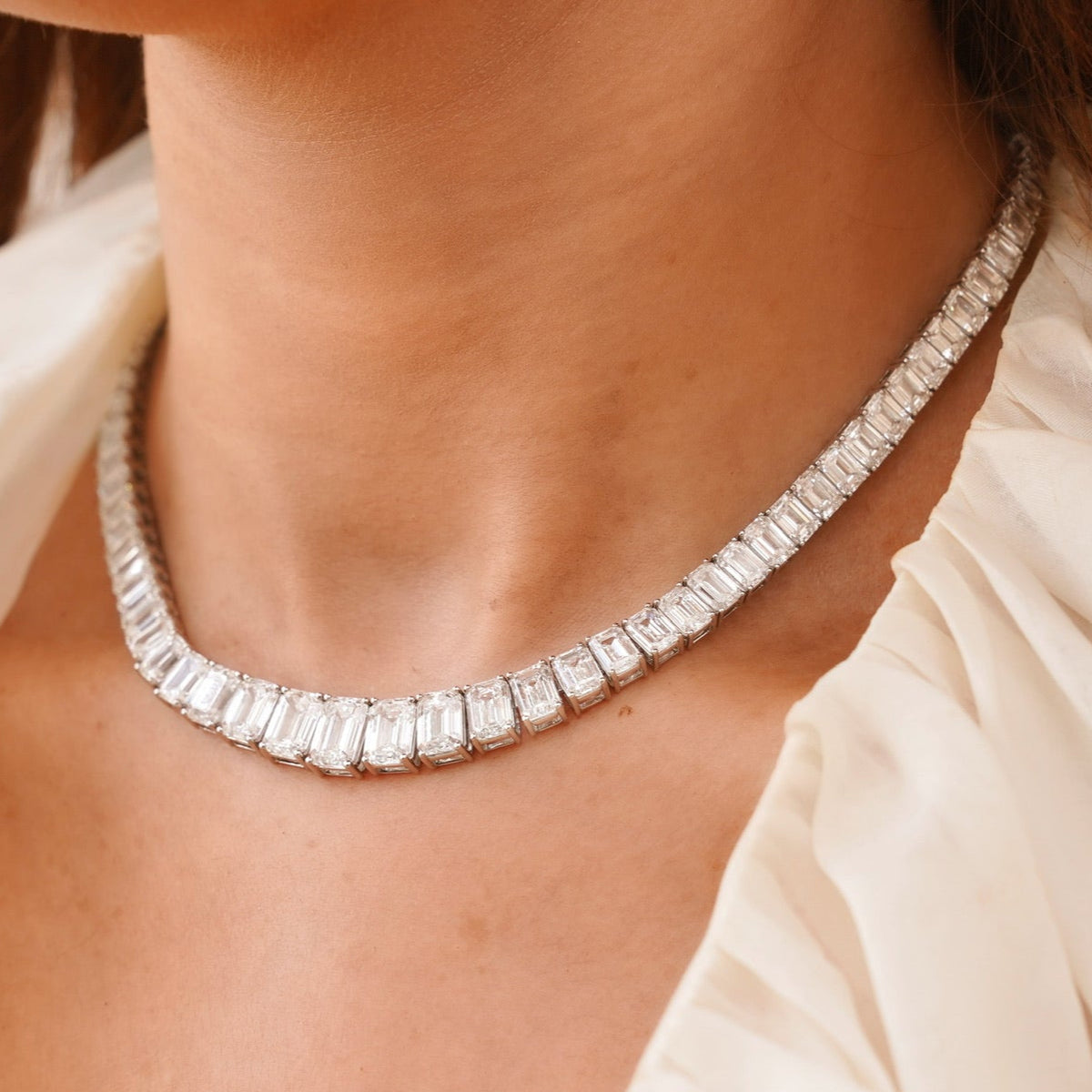 Kyle Graduated Emerald Cut Diamond Tennis Necklace 56.65 ctw