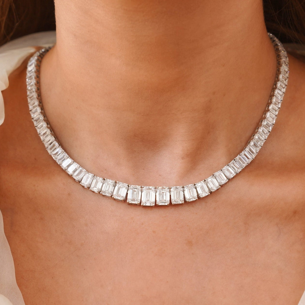 Kyle Graduated Emerald Cut Diamond Tennis Necklace 56.65 ctw