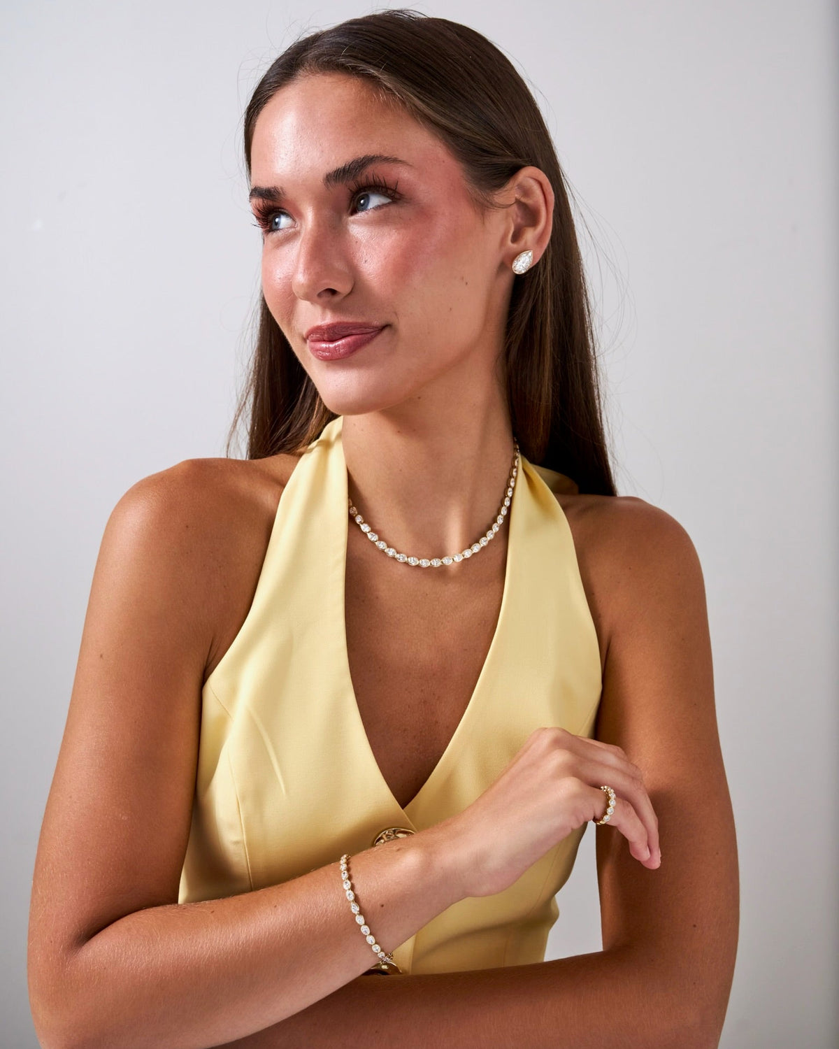 Lab Grown Bezel Set Pear Diamond Stud Earrings (10 ctw) Odessa East to West Oval Bezel Set Tennis Bracelet 5.08 ctw