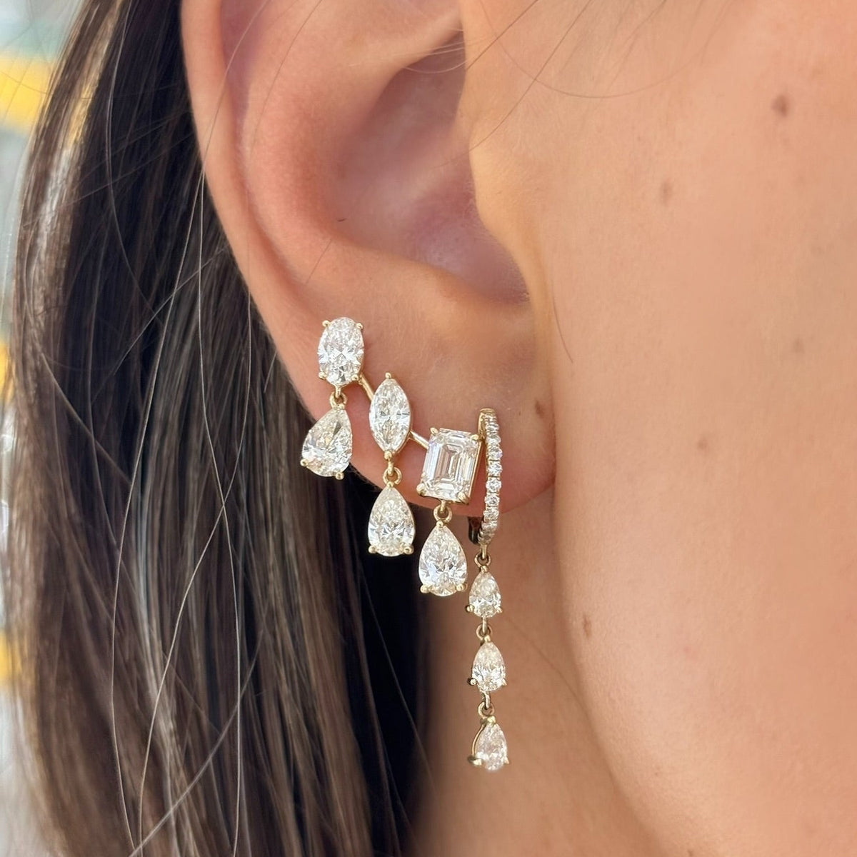 McKinsey Multi Mixed Shape Diamond Dangle Ear Climbers Large YG, YG Landan Diamond Pear Dangle Huggie Earrings 1 ctw