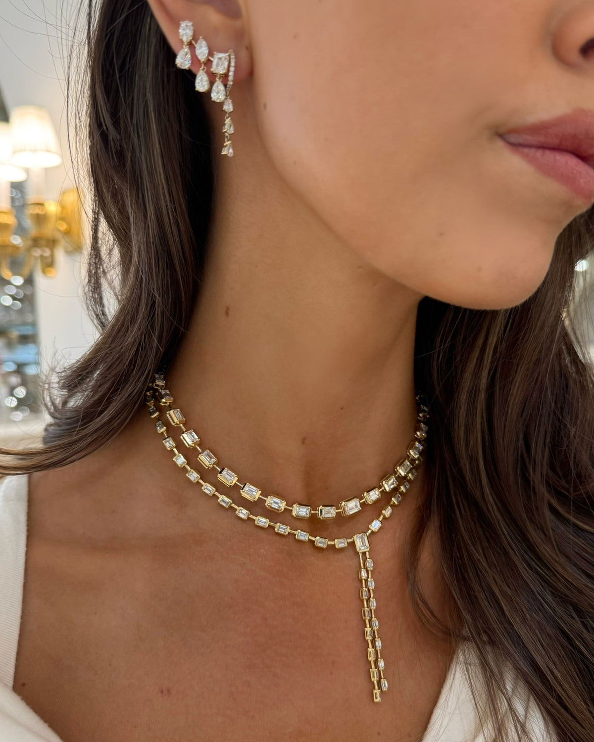 Landan Diamond Pear Dangle Huggie Earrings,McKinsey Multi Mixed Shape Diamond Dangle Ear Climbers,Clara Mae Graduated Bezel Set Emerald Cut Diamond Necklace,Clara Mae Bezel Set Emerald Cut Diamond Lariat Necklace 