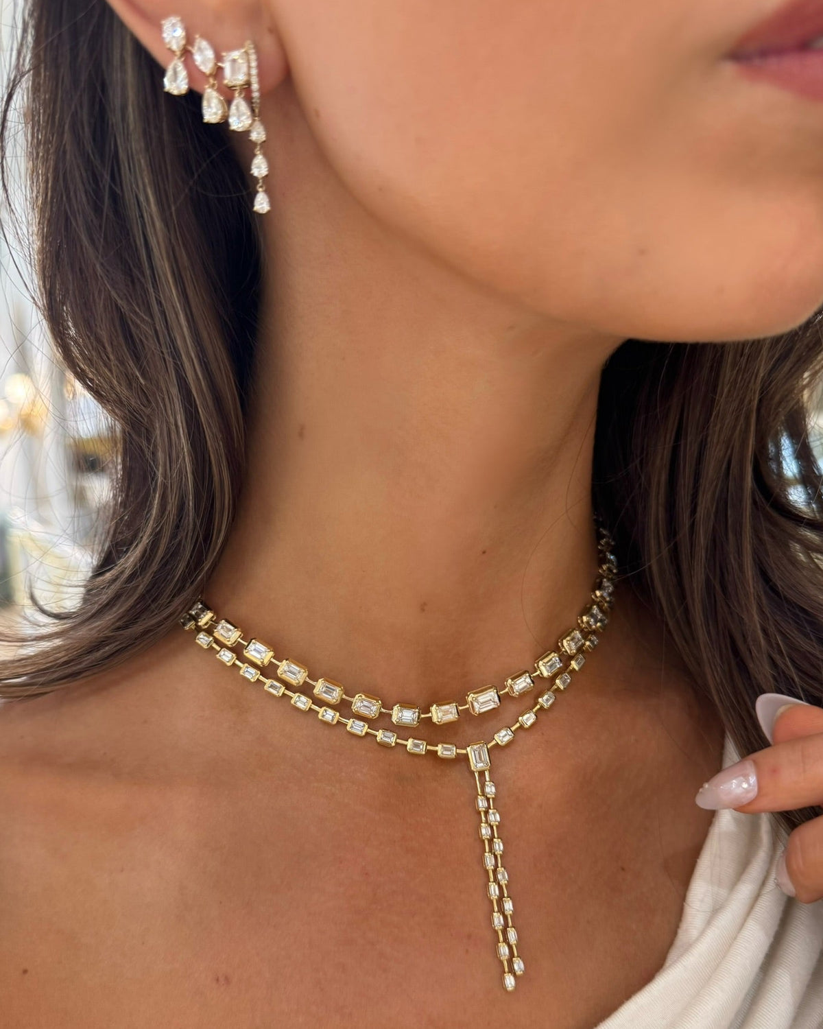 Landan Diamond Pear Dangle Huggie Earrings,McKinsey Multi Mixed Shape Diamond Dangle Ear Climbers,Clara Mae Graduated Bezel Set Emerald Cut Diamond Necklace,Clara Mae Bezel Set Emerald Cut Diamond Lariat Necklace 