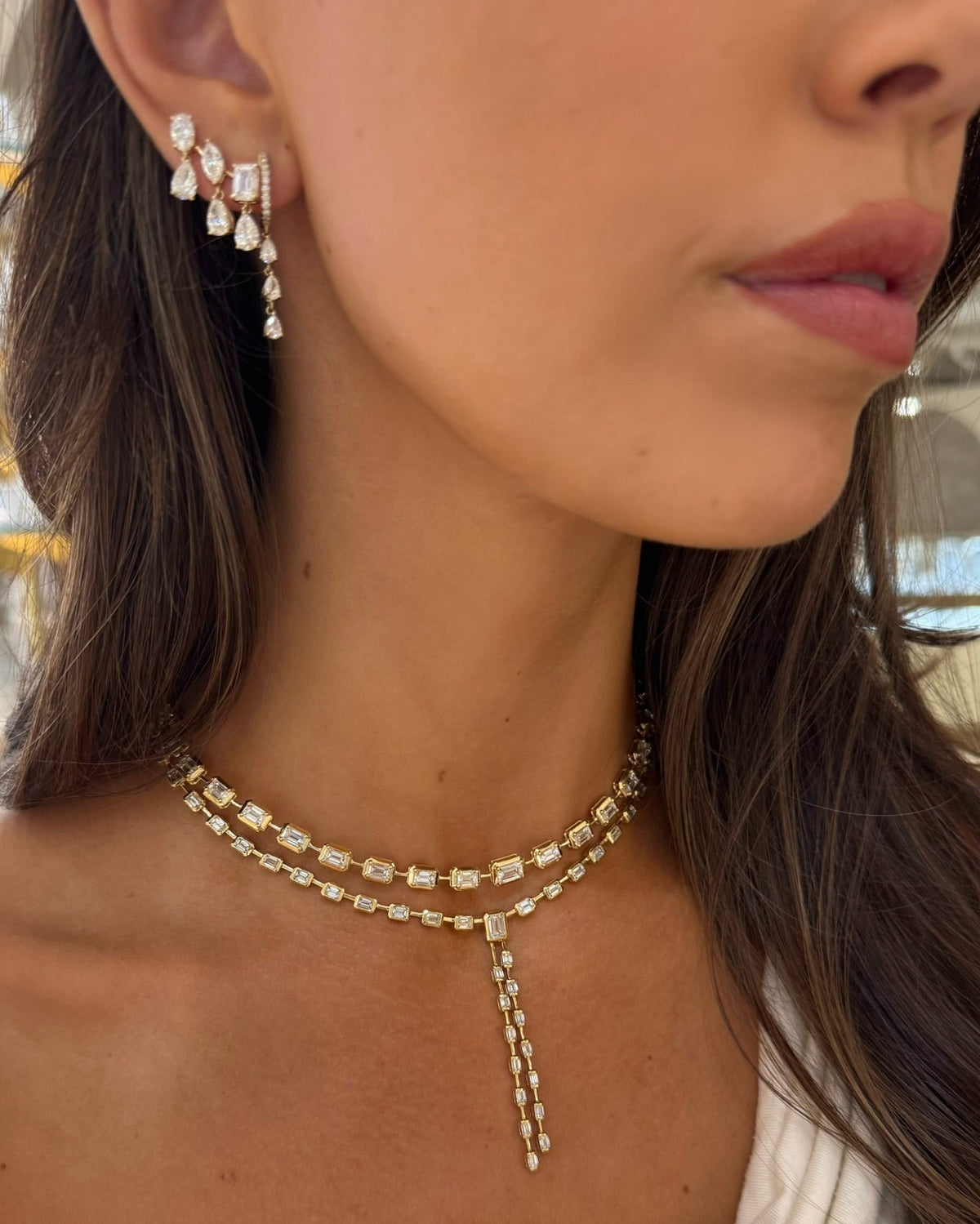 Landan Diamond Pear Dangle Huggie Earrings,McKinsey Multi Mixed Shape Diamond Dangle Ear Climbers,Clara Mae Graduated Bezel Set Emerald Cut Diamond Necklace,Clara Mae Bezel Set Emerald Cut Diamond Lariat Necklace 