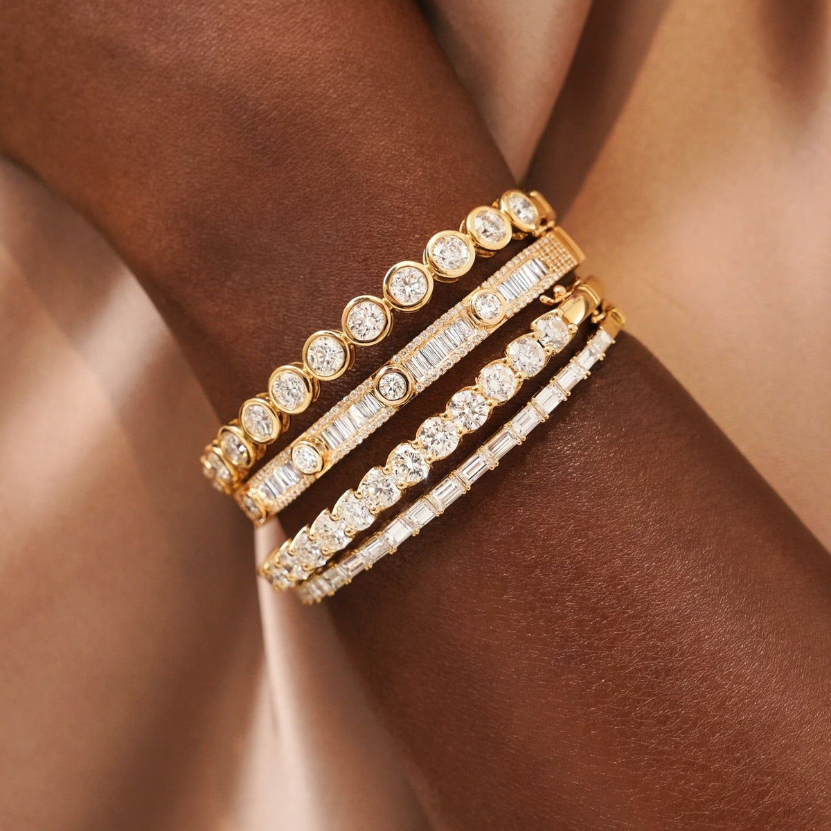 Lennox Baguette Bangle 3.37 ctw, Round Diamond Bezel Bangle Bracelet 6.05 ctw, Richards Emerald Cut Diamond Bangle Bracelet 4.00 ctw, Georgie Diamond Bangle Bracelets