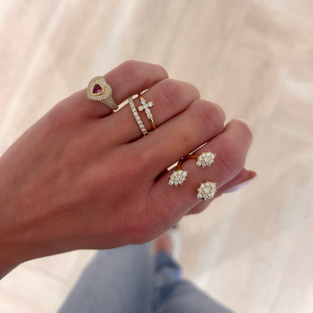 Little Grace Diamond Cross Ring, Mama Heart Pave Diamond Signet Ring 1.00 ctw, Alora Pave Cluster Ring