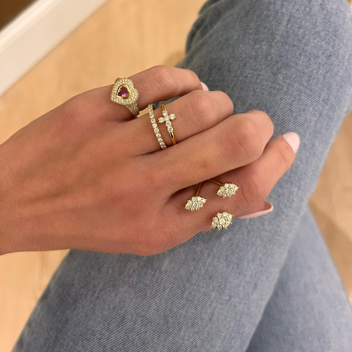 Little Grace Diamond Cross Ring, Mama Heart Pave Diamond Signet Ring 1.00 ctw, Alora Pave Cluster Ring