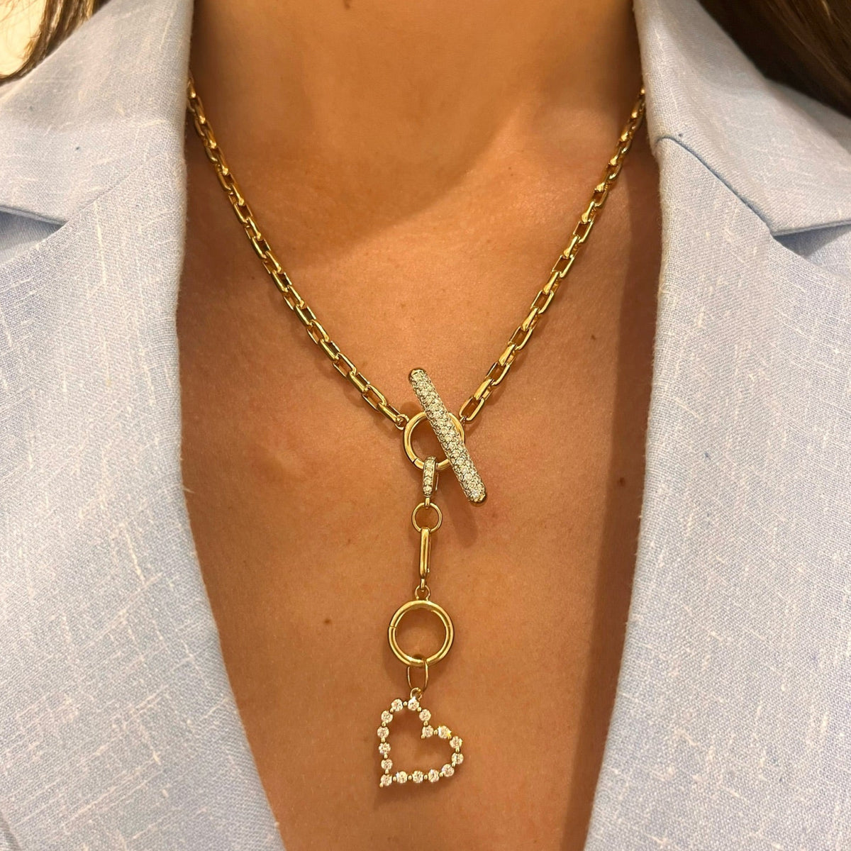 Rectangle Rolo Chain With Diamond Toggle & Removable Lariat, Heart Charm 