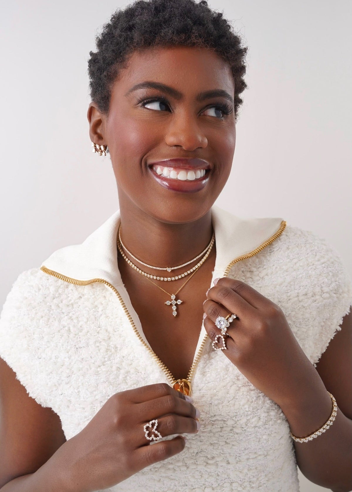 Little Posie Charlie Cloud® Floating Diamond Heart Ring 0.56 ctw, Lovers Lane Adjustable Tennis Necklace, McKinsey Multi Mixed Shape Diamond Dangle Ear Climbers, mamas Charlie Cloud® band straight 
