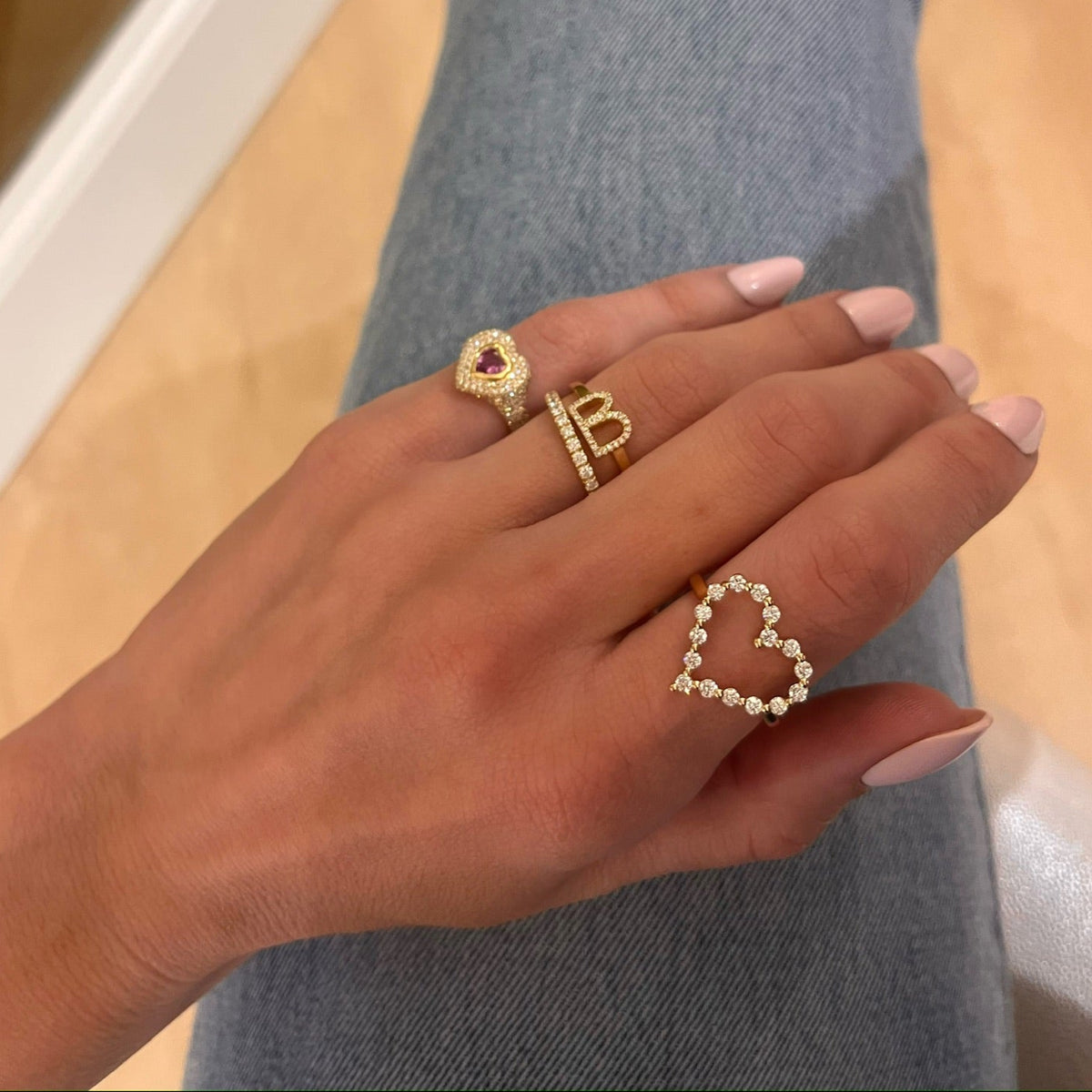 Little Posie Charlie Cloud® Floating Diamond Heart Ring 0.56 ctw, Diamond Initial Stacking Ring, Mama Heart Pave Diamond Signet Ring 1.00 ctw