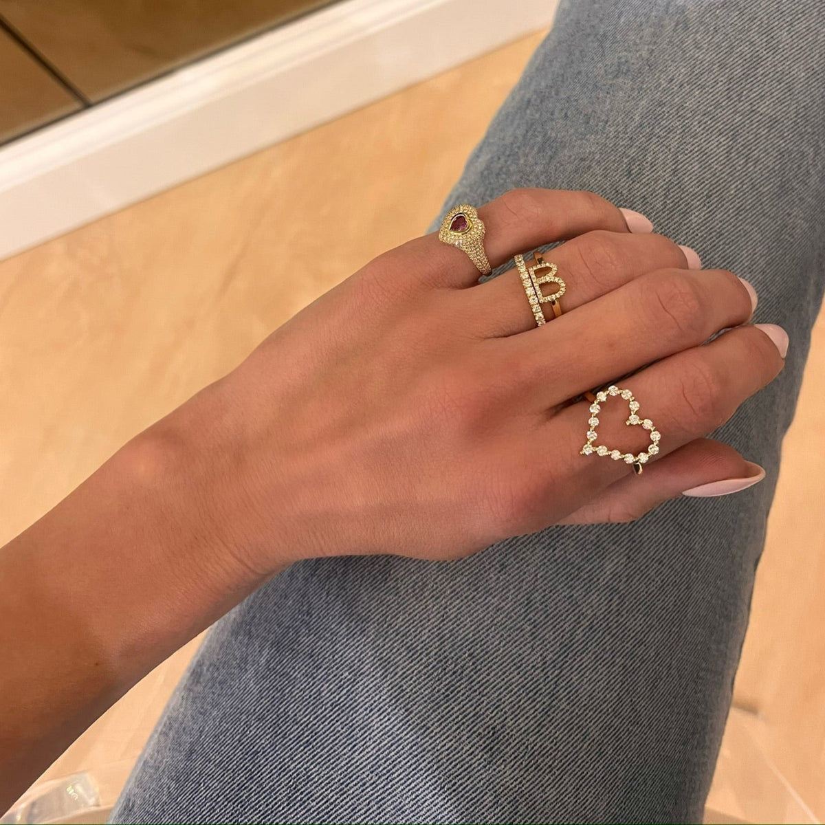 Little Posie Charlie Cloud® Floating Diamond Heart Ring 0.56 ctw, Diamond Initial Stacking Ring, Mama Heart Pave Diamond Signet Ring 1.00 ctw