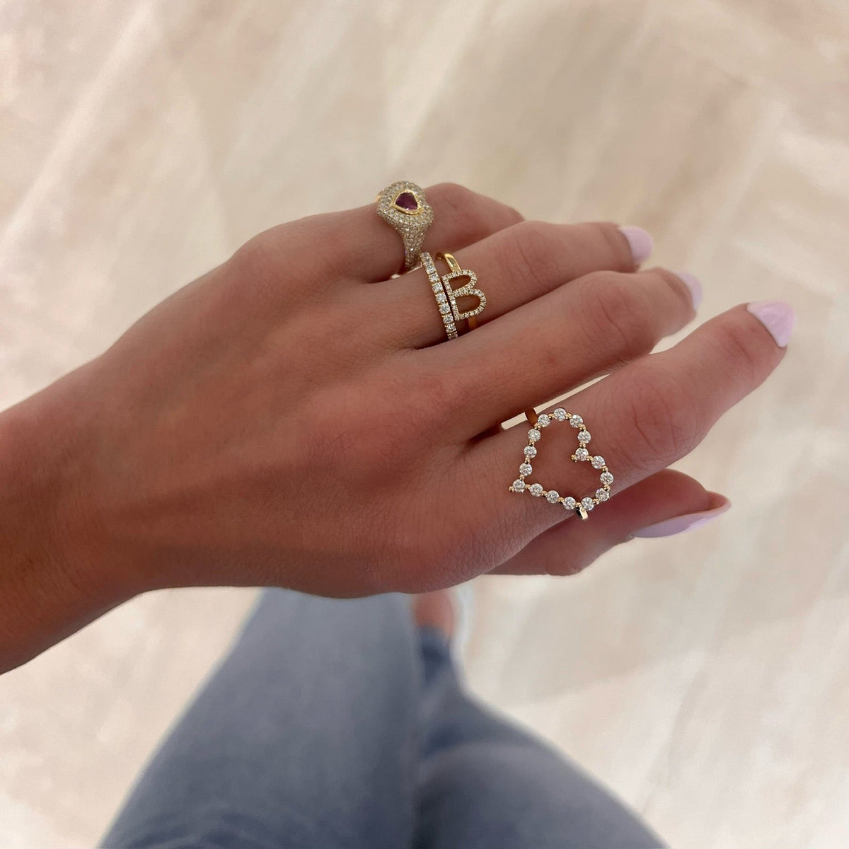Little Posie Charlie Cloud® Floating Diamond Heart Ring 0.56 ctw, Diamond Initial Stacking Ring, Mama Heart Pave Diamond Signet Ring 1.00 ctw