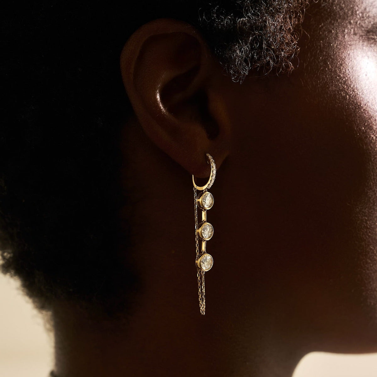 Lyle Three Stone Bezel Chain Huggie Earrings 3.95 ctw