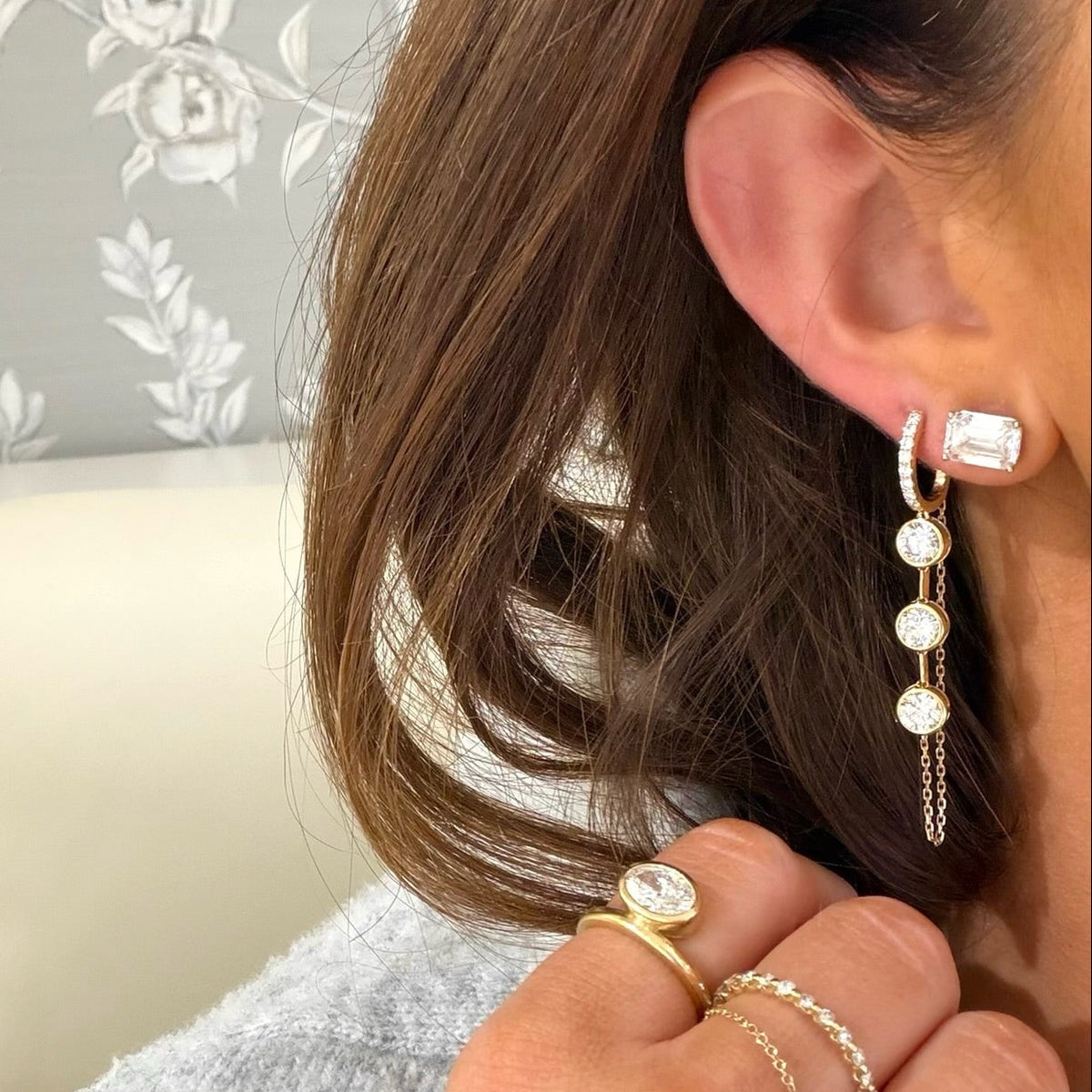 Lyle Three Stone Bezel Chain Huggie Earrings 3.95 ctw
4 ctw 