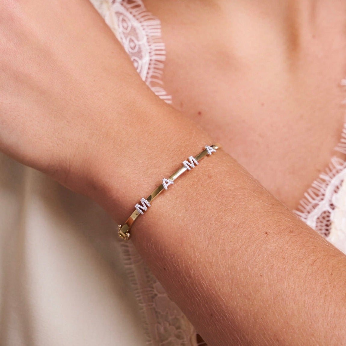 "MAMA" Station Diamond Bangle Bracelet