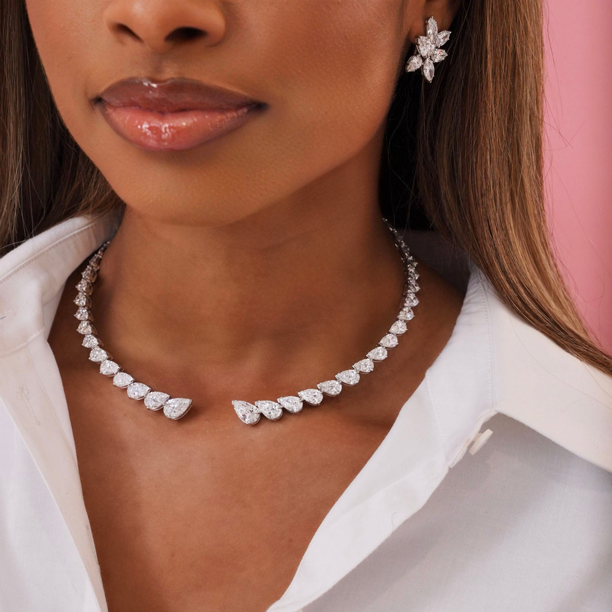 Madolina Graduated Pear Diamond Necklace Cuff 36.63 ctw, Destene Pear Diamond Cluster Earrings 7.33 ctw
