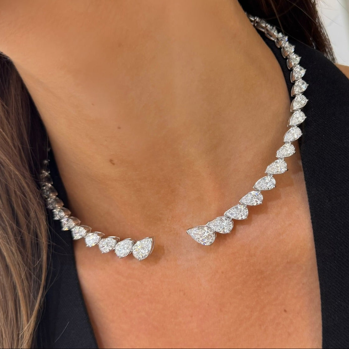 Madolina Graduated Pear Diamond Necklace Cuff 36.63 ctw
