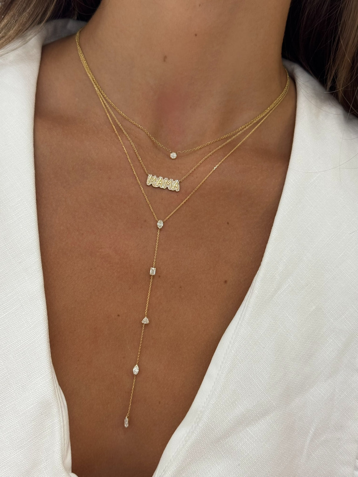 Bentley Lariat, Single Diamond Bezel Necklace, Mamas Bubble Diamond Necklace