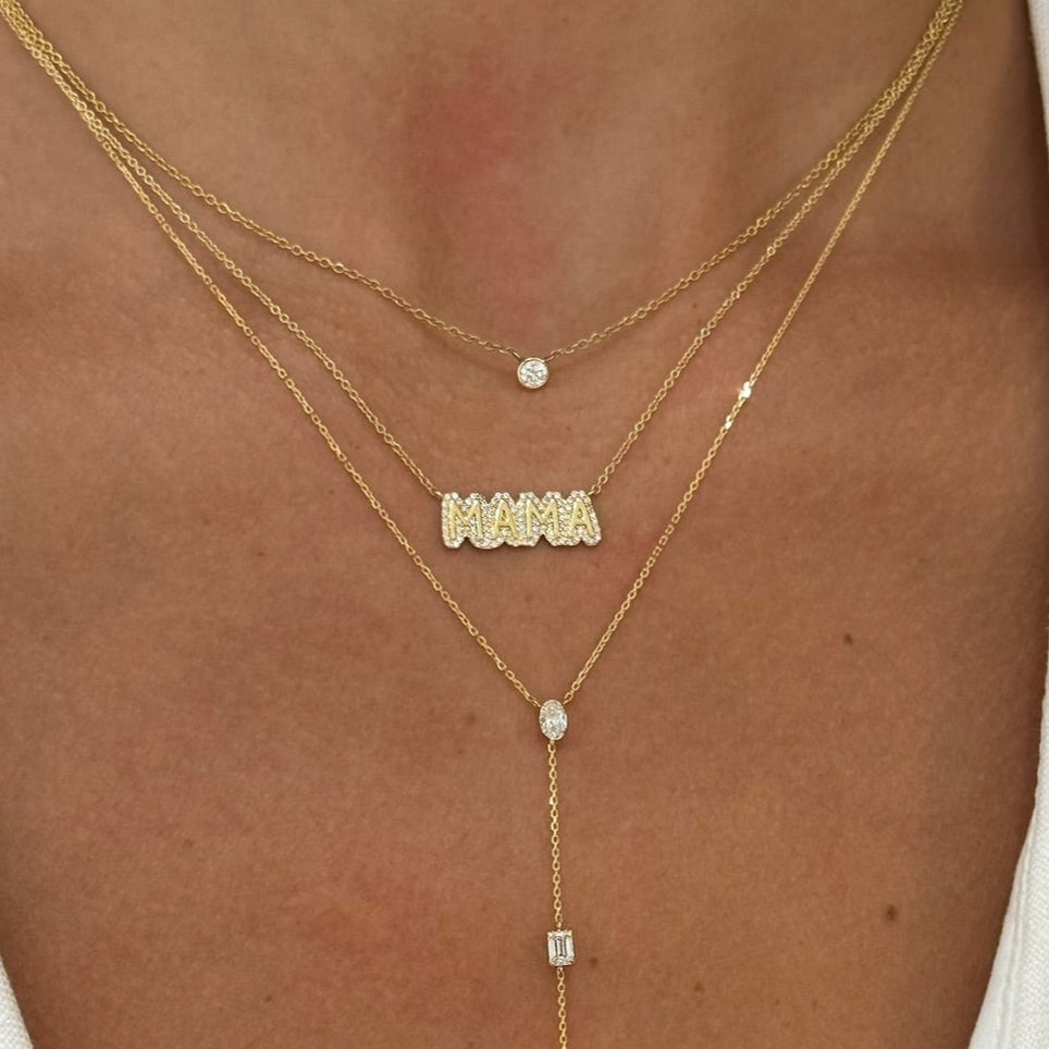Bentley Lariat, Single Diamond Bezel Necklace, Mamas Bubble Diamond Necklace