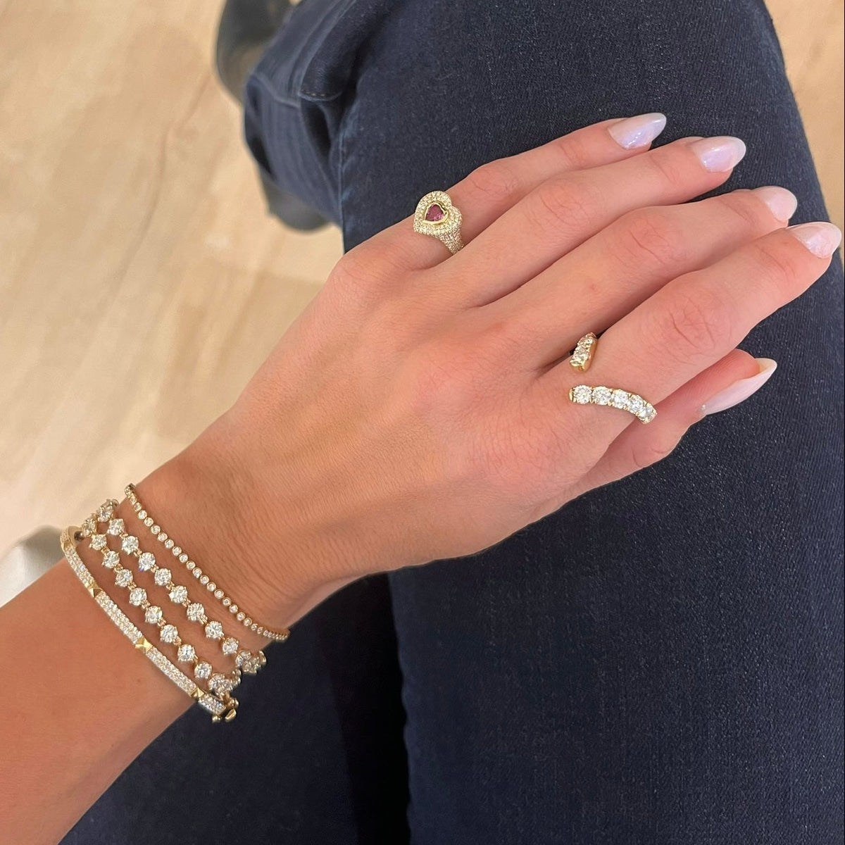Nikita Studded Pave Diamond Bangle Bracelet, Mama Heart Pave Diamond Signet Ring 1.00 ctw, Lira Open Concept Diamond V Band, The Charlie Cloud® Multi-Way Floating Diamond Tennis Bracelet & Choker Necklace 12.24 ctw