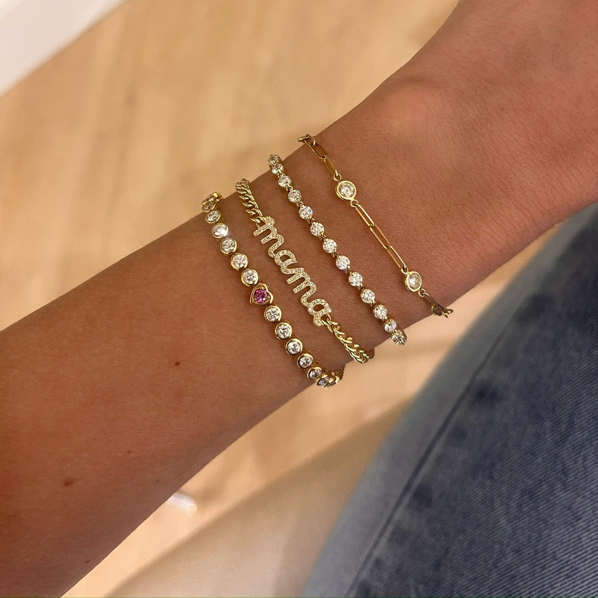 "Mama" Script Diamond Chain Bracelet, Bellamy Pink Sapphire Hearts & Diamond Bezel Adjustable Tennis Bracelet 3.10 ctw