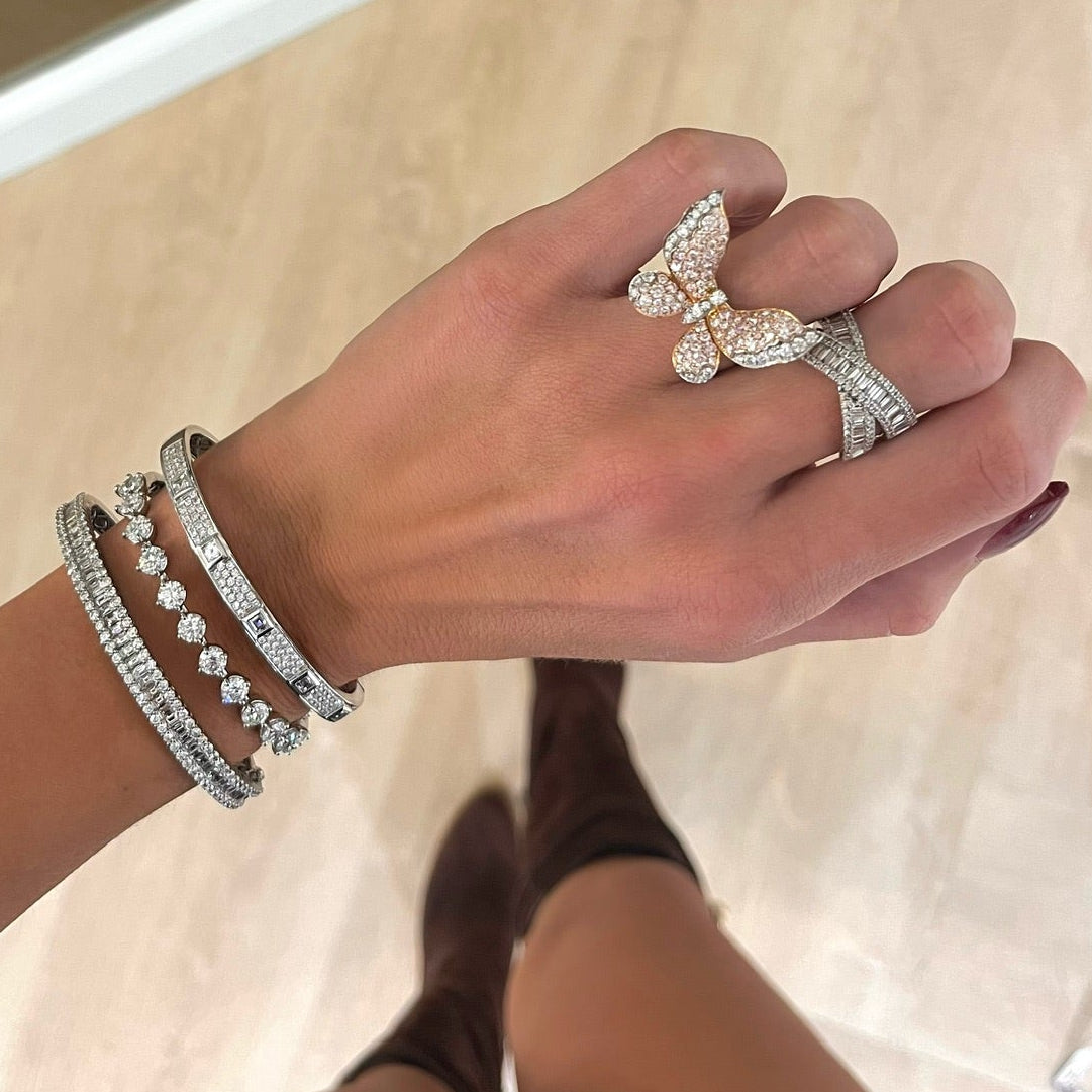 Mariposa Argyle Pink & White Diamond Platinum Ring, Brooks Baguette Diamond Crossover Ring, Azalea Pave Diamond Bangle Bracelet 2.26 ctw

