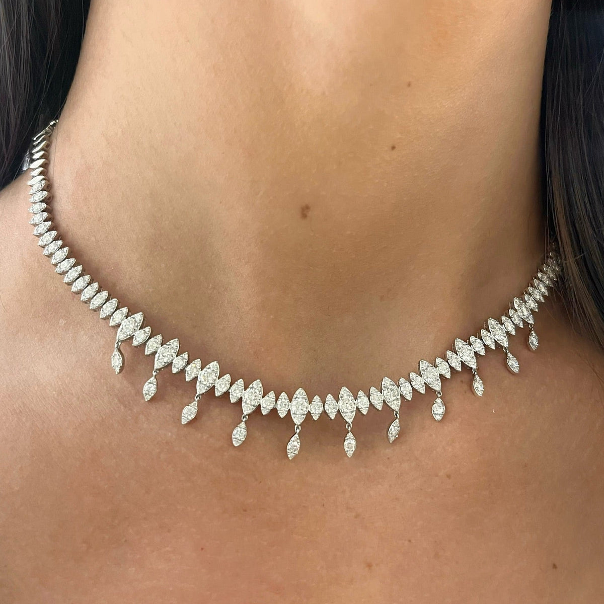 Marren Marquise Scalloped Illusion Dangle Diamond Necklace 