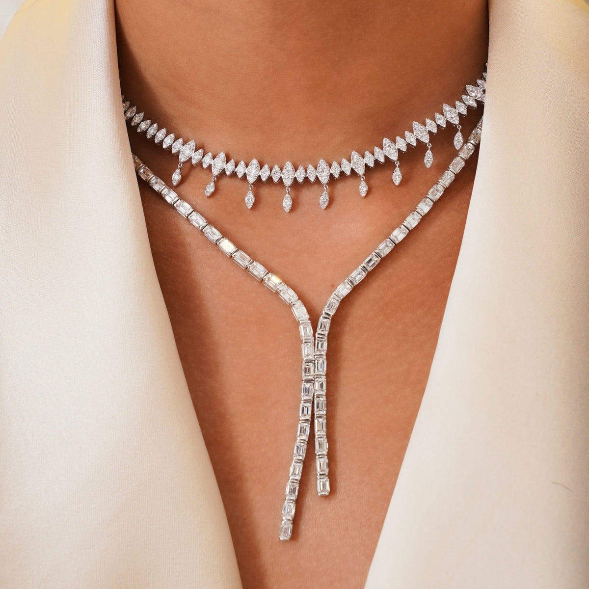 Marren Marquise Scalloped Illusion Dangle Diamond Necklace 4.70 ctw,Channel Set Emerald Cut Diamond Double Lariat 24 ctw