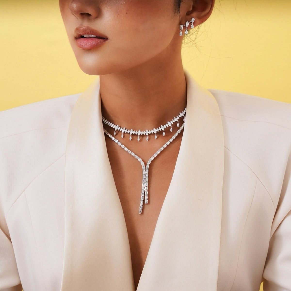 Marren Marquise Scalloped Illusion Dangle Diamond Necklace 4.70 ctw,Channel Set Emerald Cut Diamond Double Lariat 24 ctw