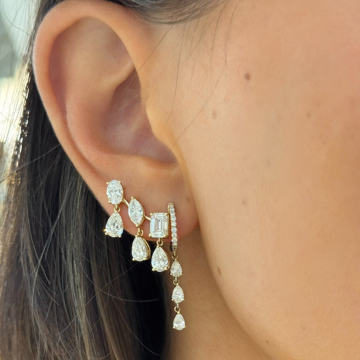 McKinsey Multi Mixed Shape Diamond Dangle Ear Climbers Large YG, YG Landan Diamond Pear Dangle Huggie Earrings 1 ctw