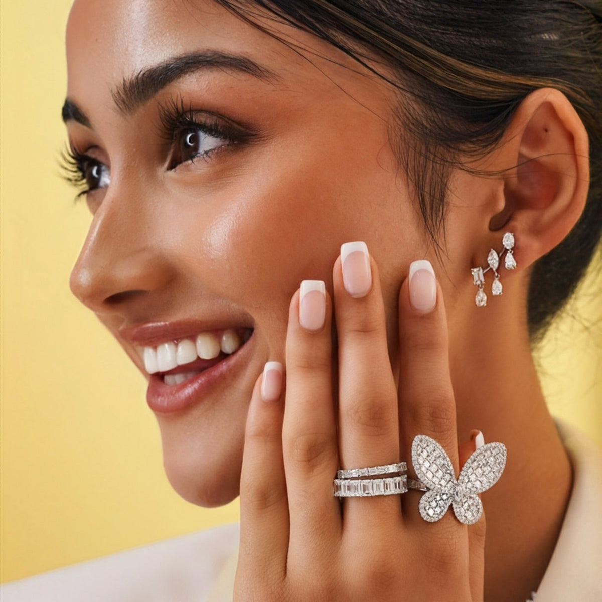 McKinsey Multi Mixed Shape Diamond Dangle Ear Climbers, Aurelia Asscher Cut Diamond Butterfly Cocktail Ring 4.10 ctw