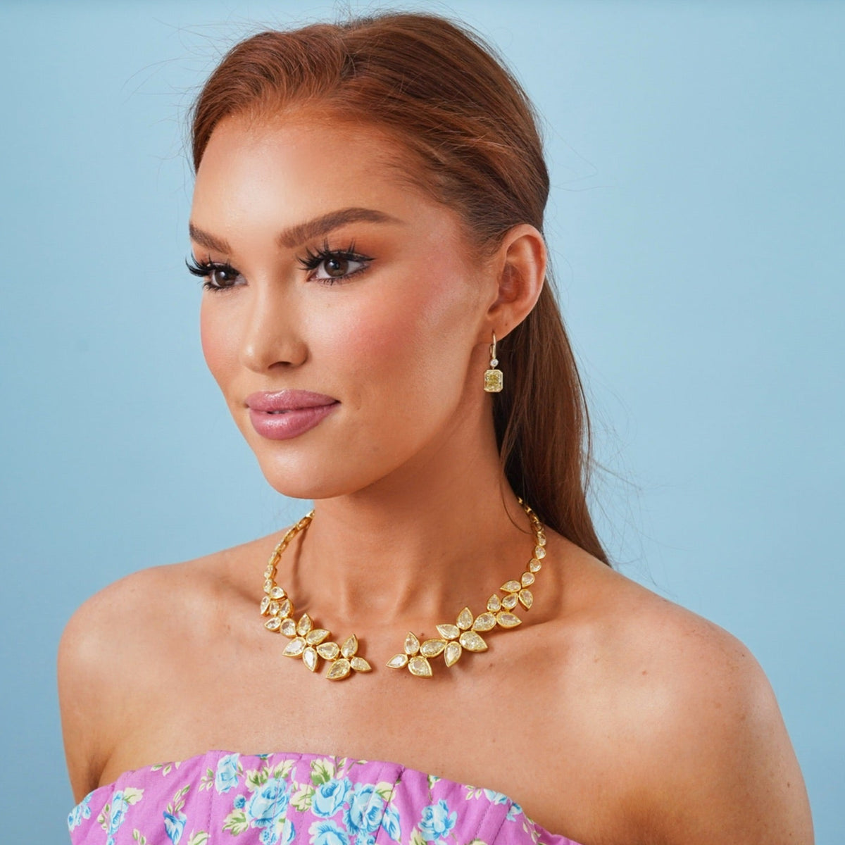 Melody Fancy Yellow Bezel Diamond Dangle Earrings 6.56 ctw, Isadora Fancy Yellow Pear Flower Necklace Cuff 79.05 ctw