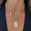 Mini Pave Diamond Initial Charm, Puffy Bubble Initial Pave Diamond Charm, Skyler Pave Diamond Lightning Bolt Charm, Clipped Corners Gold Dog Tag with Diamond Outline Charm, Rectangle Rolo Chain With Diamond Toggle & Removable Lariat