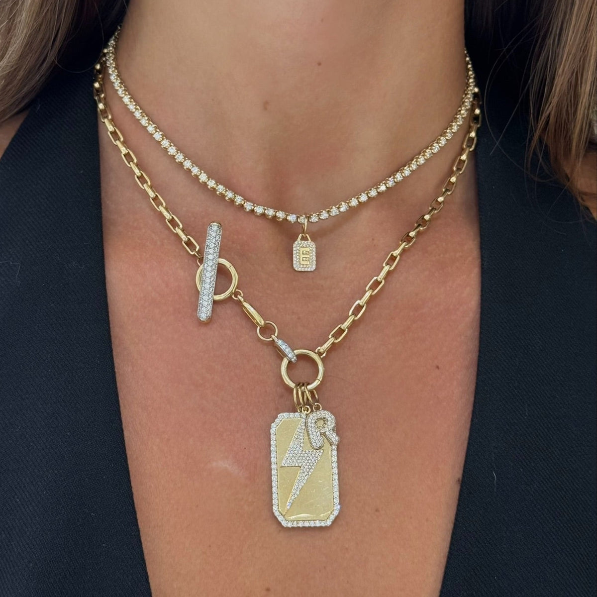 Mini Pave Diamond Initial Charm, Puffy Bubble Initial Pave Diamond Charm, Skyler Pave Diamond Lightning Bolt Charm, Clipped Corners Gold Dog Tag with Diamond Outline Charm, Rectangle Rolo Chain With Diamond Toggle & Removable Lariat