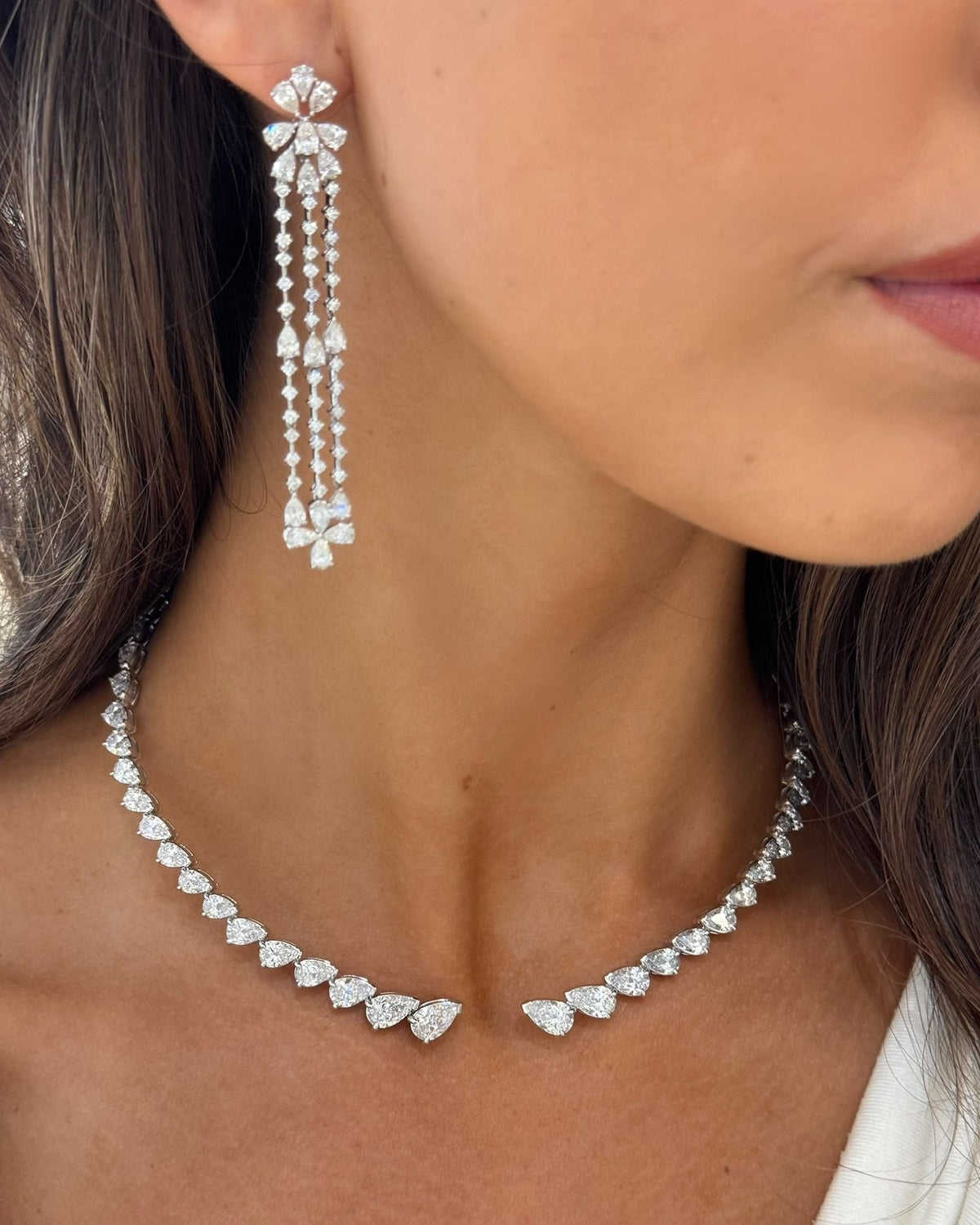 Nicola Dangle Diamond Huggie Earrings 7.60 ctw,Madolina Graduated Pear Diamond Necklace Cuff 36.63 ctw