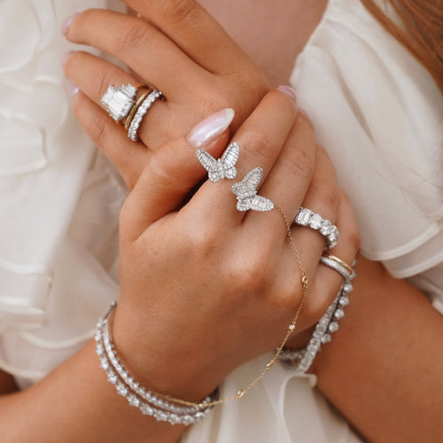 Ophelia Baguette Butterfly Ring, Melville Diamonds By The Yard Hand Chain Bracelet, Two-Tone Gold & Pave Diamond Illusion Stacking Band
