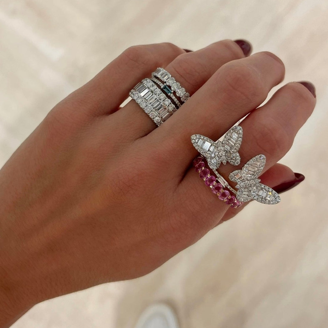Ophelia Baguette Butterfly Ring, Baguette Birthstone and Diamond Stacking Band Ring, Best of Both Emerald Cut and Oval Eternity Band, Gianna Baguette Diamond Ring 3.08 ctw