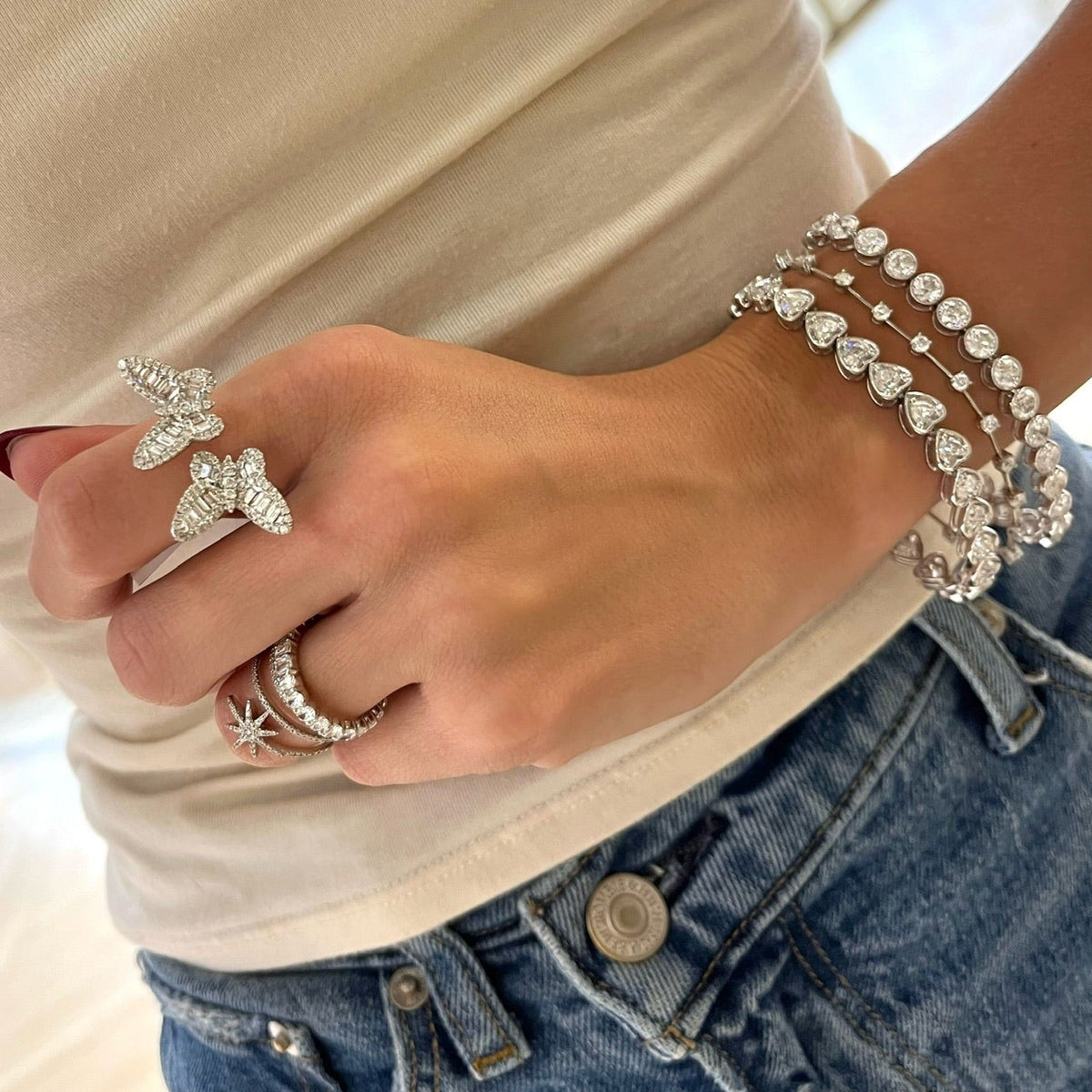 Ophelia Baguette Butterfly Ring, Asteria Star Diamond Crossover Ring, Annamaria Heart Diamond Tennis Bracelet 7.70 ctw
