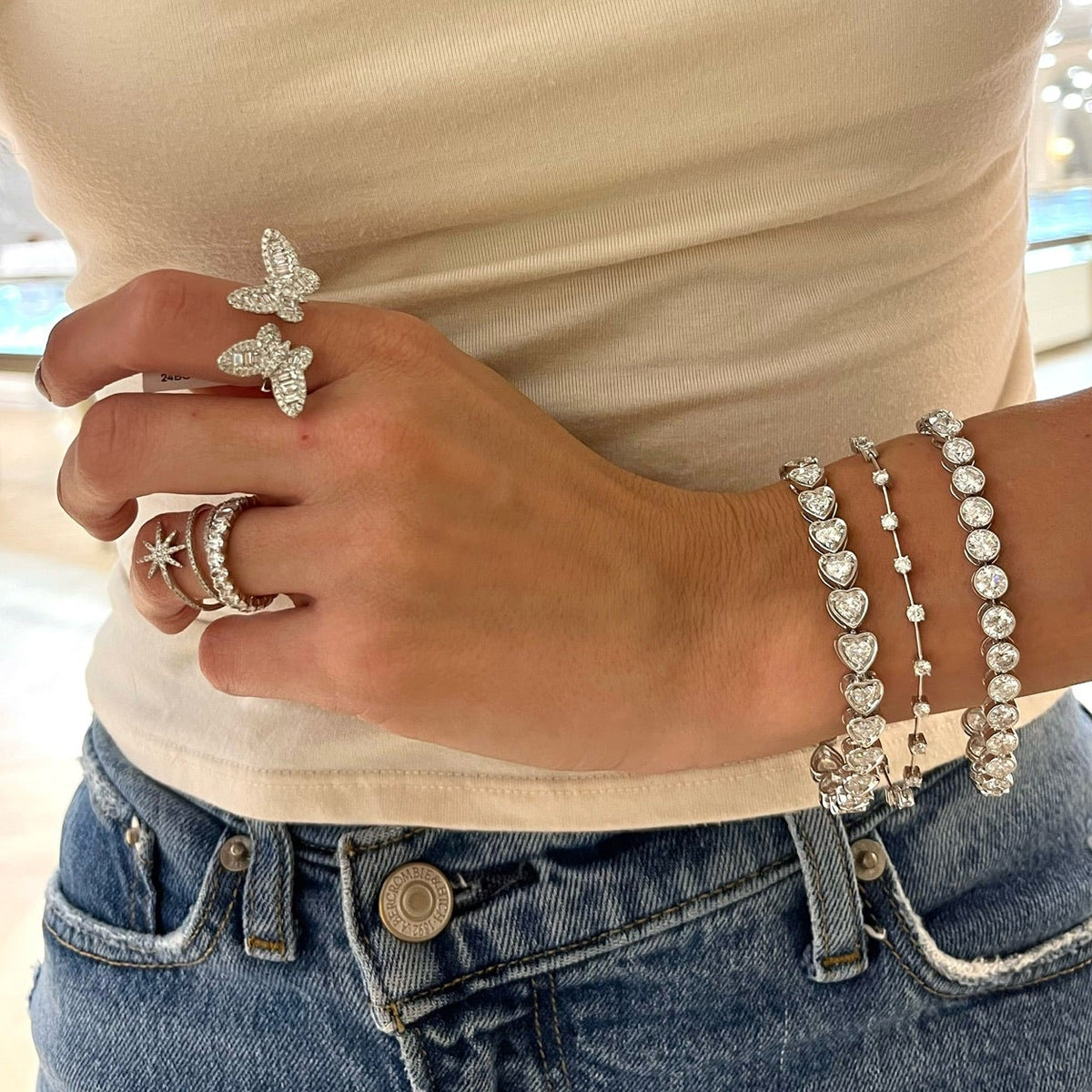Ophelia Baguette Butterfly Ring, Asteria Star Diamond Crossover Ring, Annamaria Heart Diamond Tennis Bracelet 7.70 ctw

