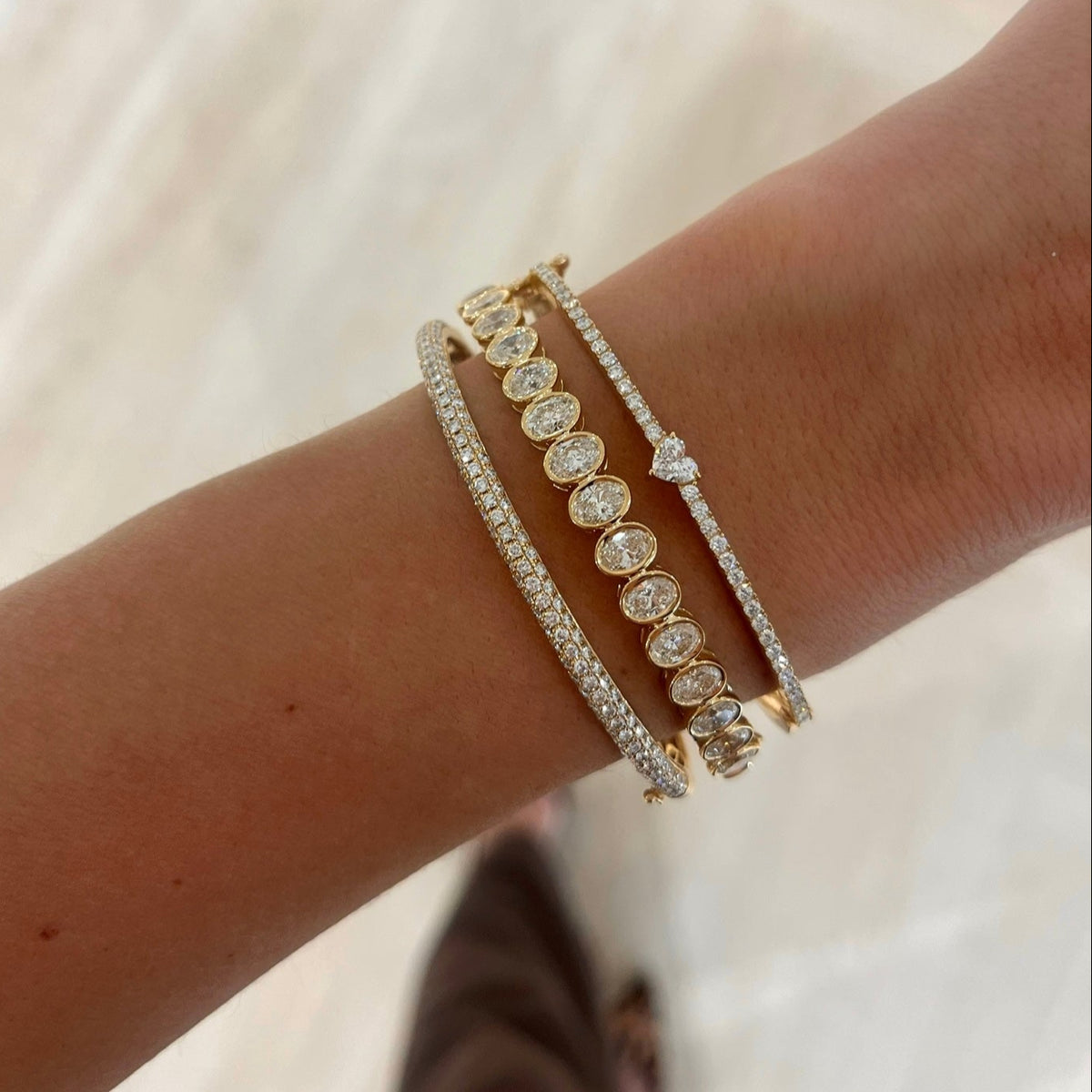 Oval Bezel Diamond Bangle Bracelet 5.35 ctw, Lady Luck Diamond Heart Bangle Bracelet
