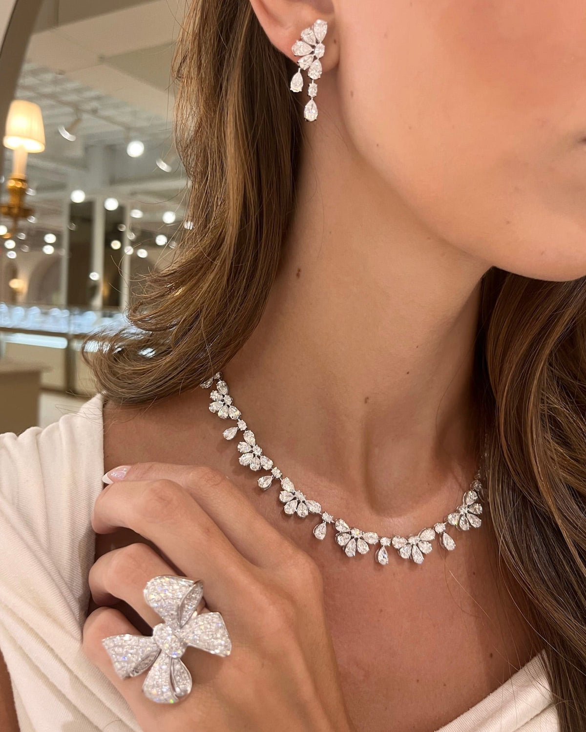 Pear & Oval Diamond Tennis Necklace,Martha May Pave Diamond Bow Cocktail Ring 5 ctw,Duchess Pear & Oval Diamond Dangle Earrings 6.82 ctw